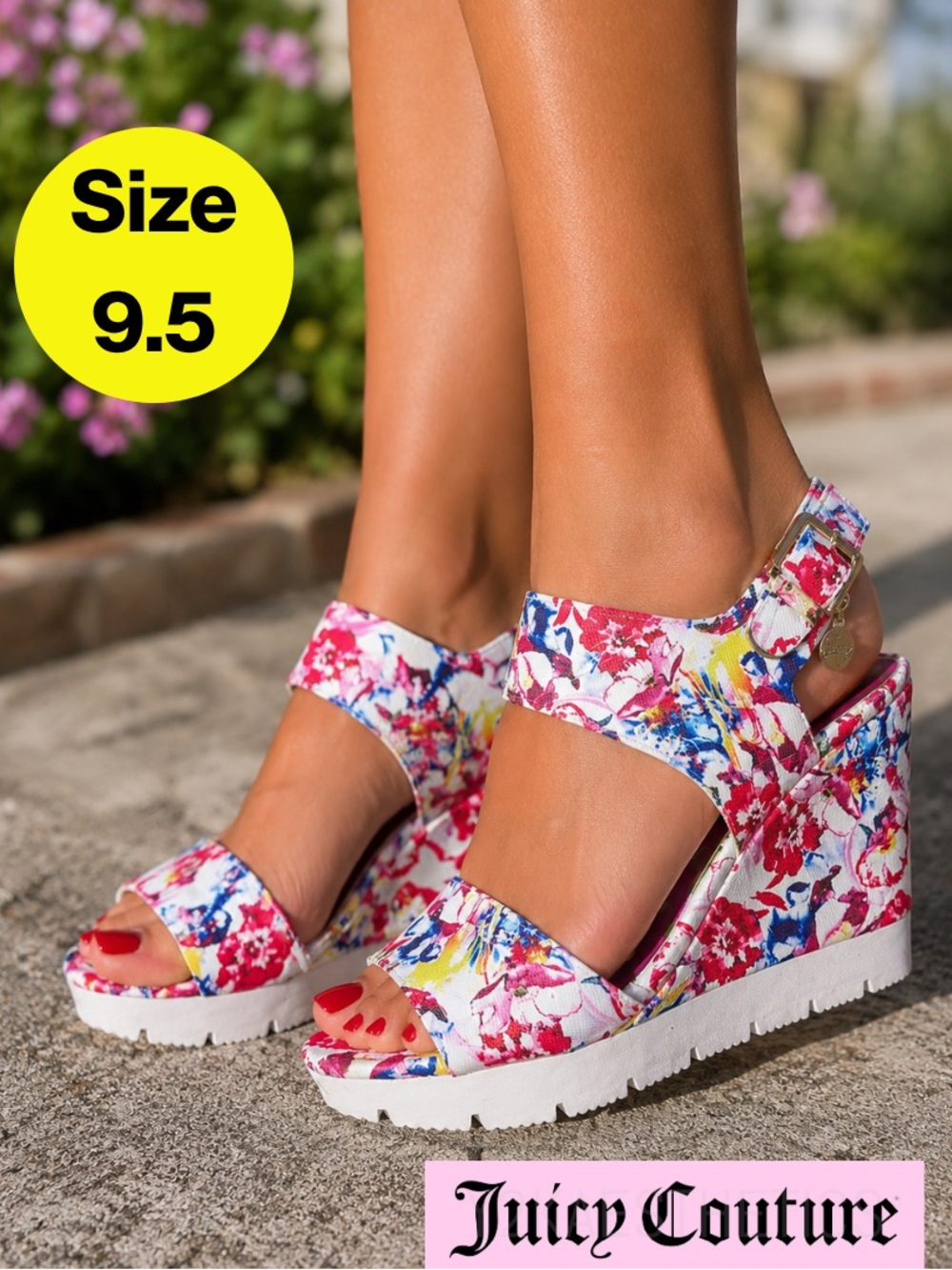 JUICY COUTURE 🌸 Floral 5" Wedge Sandals, Gold Hangtag, Open Toe  (Women’s 9.5)